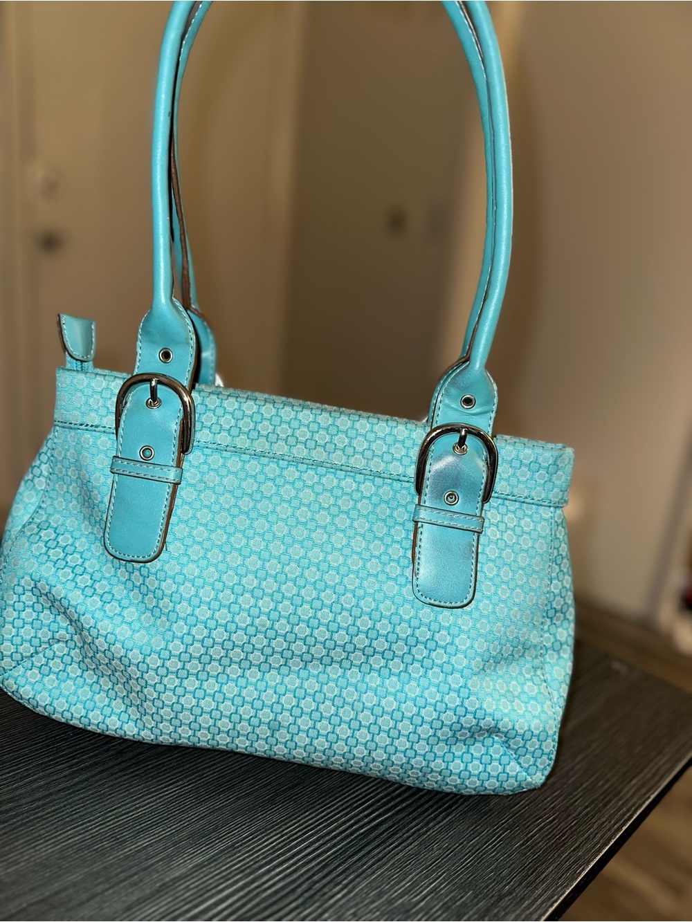 Turquoise Patterned Shoulder Bag with Double Top Handles